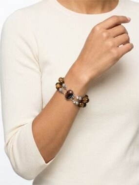 Artisan Tiger Eye Gem Bracelet, with picture jasper click clasp, Silver plated